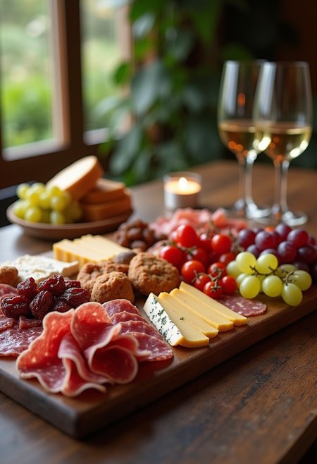 FIRST - A fancy Charcuterie board, beautiful, mouthwatering cold cuts, cured meats, various types of cheese, grapes, sundried tomatoes, a couple of glasses of white wine on the table, dynamic angle, relaxing atmosphere,
Photorealistic, Highly detailed, masterpiece, 4k, high resulution, great lighting, depth of field,