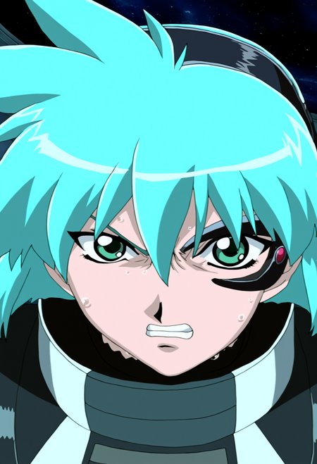 high quality, highres, retro artstyle, 1girl, meia gisborn,  solo,green eyes, looking at viewer,  hair between eyes, blue hair, short hair, aqua hair,  indoors, space, dark, close-up, angry, clenched teeth, sweat, eyepiece,