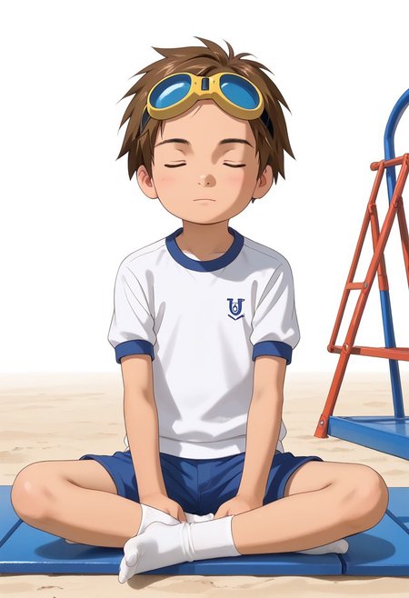 score_9, score_8_up, score_7_up, zPDXL2, 
,
1boy, solo, goggles on head, brown hair, jyojifuku, white shirt,  short sleeves, shorts, gym uniform，playground,hud_m3dit4tion, indian style, sitting, on floor, , , facing viewer, , closed eyes,