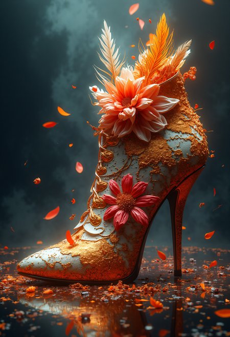 (abstract), ((giant extremely detailed shoe)) with flowers, feathers and grains in it, masterpiece, animated lighting, fever dream