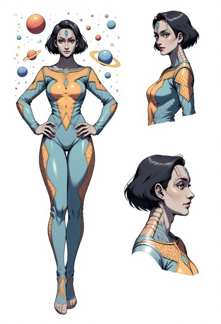 reference sheet,white background,simple background,multiple views, upper body, front, from side, color palette reference, the subject is a young female Cardassian alien with gray skin, (grey skin), forehead crest, neck ridges and scales. short black hair, she stands in a confidant pose with both hands on her hips, CharacterDesignFLUX, high_detailed, captured in high detail, surrounded by sci-fi stars and planets
