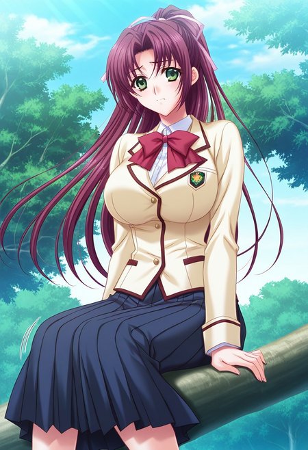 general,highres, ultra-detailed,very aesthetic,best quality ,best hands,masterpiece, best quality, newest, highres, score_9, score_8_up, score_7_up, source_anime, rating_explicit,1girl, yokota mamoru style,motion lines,,Very straight nose,slim,slender face,perfect nose,
Gojou Yurika,Claret Hair, Hair Parted in Middle, Ponytail, Waist Length Hair,long Hair,green Eyes,slim,big breasts
 anime screencap,
1girl, solo, school uniform, green eyes, tree, long hair, in tree, sitting in tree, ribbon, hair ribbon, sitting, day, large breasts, breasts, sky, outdoors, ponytail