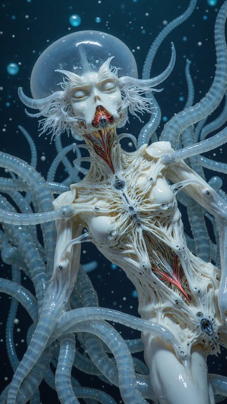 4byss,   a humanoid android in a reclined position, its synthetic body seamlessly merging organic jellyfish elements with mechanical components. The figure's porcelain-white synthetic skin is partially deconstructed, revealing an intricate internal structure where mechanical vertebrae and neural cables interweave with translucent, bioluminescent tentacles that pulse with deep blues and vibrant crimsons.
The being's face tilts upward in an expression of either ecstasy or agony, its smooth synthetic features catching the ethereal blue light from above. Where traditional cybernetic ports would be, there are instead organic-looking segments that resemble jellyfish bells, their translucent tissue housing pulsing fiber optic cables. The neck extends into a complex array of both mechanical vertebrae and undulating tentacles, each segment marked with bioluminescent nodes that follow a rhythmic pattern like digital signals through organic matter.
The chest cavity opens to reveal not traditional robotics, but a hybrid system where rigid mechanical ribs transition into flowing, tentacular appendages marked with regular, comb-like structures that glow with an internal light. These tentacles curve and wrap around the mechanical components like living cables, their tips equipped with both electronic interfaces and organic sensory organs.
The entire scene is bathed in a cold, deep-sea blue lighting, with accents of bioluminescent reds and purples emanating from the creature's core. The background suggests a mechanical chamber slowly being overtaken by organic growth, with cables and tubes mimicking the flowing movement of deep-sea creatures. Small particles float through the scene, catching the light like marine snow, creating an atmosphere that exists somewhere between a high-tech laboratory and the abyssal depths.
The overall aesthetic creates a striking fusion of mechanical precision and organic fluidity, suggesting a future where the line between synthetic and natural life becomes meaningfully blurred, all rendered in a style that combines technical detail with the ethereal beauty of deep-sea bioluminescence