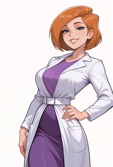 1girl, solo, white background, hand on own hip, looking at viewer, grin, mature female, lips, 
blue eyes, orange hair, short hair, bob cut, 
lab coat, long sleeves, purple shirt, white belt, purple skirt, 
masterpiece, best quality, <lora:annpossible-guy90-Illust-LoraV1:1>, elbnna