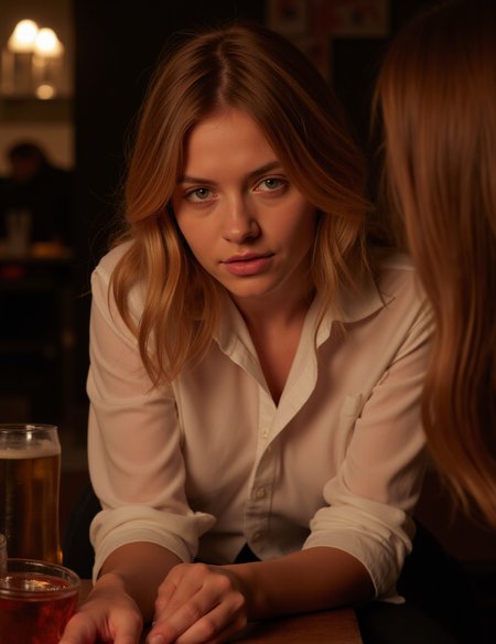 18 years old, (high definition), (cinematic) photo of girl at party (sitting behind a table playing drinking games), high contrast, soft light, cute, petite, slender, Australian, (huge sagging breasts:1.5), Petite body, (Wearing form fitting white shirt:1.5)(deep v neck:-1.3), (long blonde wavy hair:1.3), (Big blue eyes:1.3), Highly detailed eyes, Highly detailed face, Highly detailed skin, eyes open, Jewelry, (real skin, textured skin, intricately detailed eyes, perfect lips:1.1), (skin textures), (intricately detailed eyes:1.4), narrow hips, slim body, (subsurface scattering), (dim cozy lighting), warm rich dark color palette  