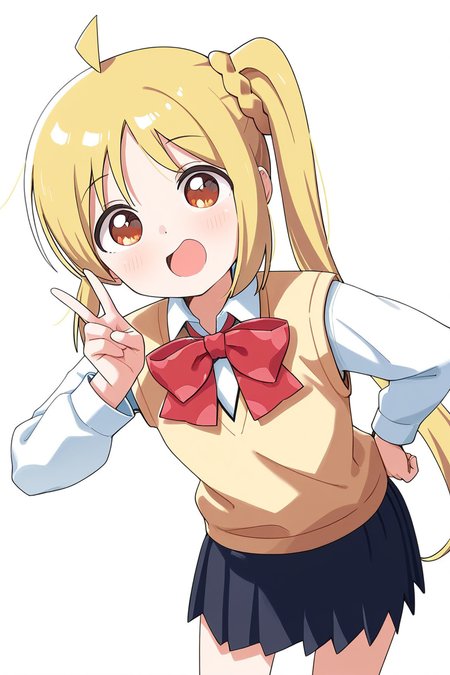 masterpiece, best quality, amazing quality,
 <lora:Haru_IL:1> haru, 1girl, solo, blonde hair, side ponytail, long hair, shirt, white background, bow, simple background, white shirt, school uniform, v, smile, skirt, red bow, ahoge, looking at viewer, long sleeves, bangs, collared shirt, pleated skirt, sweater vest, open mouth, hand on hip, :d, nijika