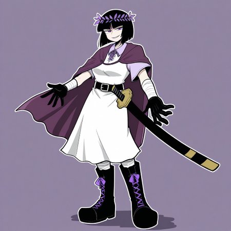 Sentaku-bune, BREAK, 1girl, solo, (tall, mature, purple eyes, black hair, hime cut, short hair, Lavender flower crown, lavender cape, white tunic, lavender shirt collar, short sleeves, white dress, lavender floral dress, katana sheath, black belt, lavender laces, black boots, black gloves, white arm wraps, white leg wraps,) smug, evil grin, hand outstretched, full body, simple background,