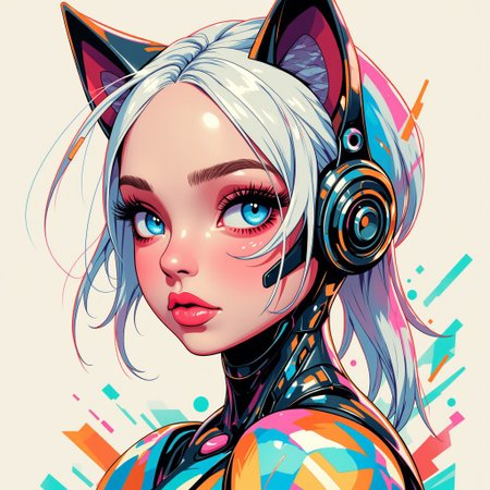 Magazin award poster with header inscription:"Home kitty to love". Magazin purpose sing:"Buy a New Robotic Cat".  Futurism cat-woman furry art. she has robot implant and cat ears. Art make up and and deep blue eyes. 25 years old, white hair, perfect face. On background cubism and geometric art, some schemes and grafs lines. Inkpunk Anime