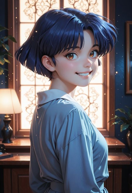 HDR, 8K, high contrast, masterpiece, best quality, amazing quality, very aesthetic, high resolution, ultra-detailed, absurdres, newest, scenery, chiaroscuro, 1girl, solo,akane_tendou, short_hair, blue_hair, brown_eyes, cute smile,  teeth, cute eyes, , dim lighting ,looking back at viewer, dark room, face focus, head shot BREAK, beautiful detailed eyes, detailed skin, detailed hair, volumetric lighting, dappled light, light particles, dramatic shadows, cinematic lighting, photo background, <lora:ponyxl\cfg_scale_boost:0.7> h4v_h0l0,