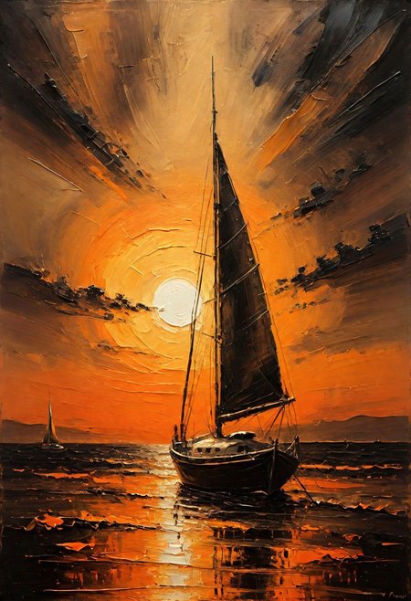 Impressionist oil painting on an old canvas, sunset on the beach , yatch on the sea, energetic strokes, black and bronze palette, fine and detailed strokes