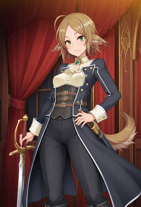 (1girl, solo) noa riads, animal ears, Green Eyes, tail, brown hair, short hair, Pretty eyes, , 1girl, solo,, brown hair,, fluffy tail, ahoge, animal ears, dog ears, small breasts, swept bangs , green eyes, animal ears, tail, , ,
Eye focus , shiny skin, shiny body, shiny hair, (best quality) , (highly detailed) ,((masterpiece)), ((best quality)), (ultra-detailed), ((extremely detailed)), (high resolution), 4K, (8K), best quality, (beautiful), (dynamic lighting), (super detailed skin), sharp focus,detailed eyes、detailed face and detailed skin detailed eyes、detailed face and detailed skin,  , clear skin, shiny hair, ultra detailed eyes, depth of field, sharp, intricate details, hyperdetailed, , 
, best quality, (beautiful), (dynamic lighting)  (standing, 3/4 view), perfect face, beautiful face, defined cheekbones, defined jawline, confident expression, narrow eyes, one hand on hip, perfect hands, black coat with decorative golden symbols, black leather underbust corset, black trousers, black boots, sword, sword on hip,(Pirate King), black coat with decorative golden symbols, black leather underbust corset, black trousers, black boots,
  ,, shindol style