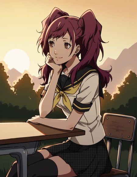 score_9, score_8_up, score_7_up, source_anime, <lora:rise-kujikawa-s1-ponyxl-lora-nochekaiser:1>, rise kujikawa, long hair, red hair, twintails, brown eyes, medium breasts,, skirt, thighhighs, school uniform, serafuku, zettai ryouiki, yasogami school uniform,, bike ride, countryside, dirt road, trees, afternoon sun, peaceful, alone, smile, , sitting, elbow rest, table,, solo,, cowboy shot, dutch angle