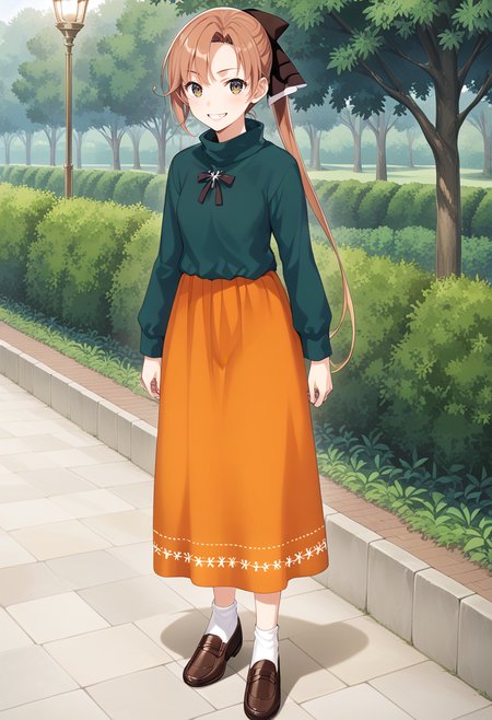 standing, 1girl, solo, full body, park, <lora:KC_01DD_akigumo_pony:1> akigumokc, brown_hair, long hair, ponytail, hair ribbon, black ribbon, green eyes,     akigumoshurabakc, turtleneck_sweater, green turtleneck, orange skirt, long skirt, white socks, brown loafers, score_9,score_8_up, score_7_up, source_anime, masterpiece, best quality,  official art, official style, game cg, megami magazine, rating_safe, rating_questionable, <lora:Fixhands_anime_bdsqlsz_V1:0.75>, NEGATIVE_HANDS