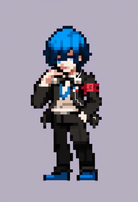 score_9, score_8_up, score_7_up, source_anime, BREAK, solo, 1boy, looking at viewer,  <lora:Leanboox-Sprite-Style-pdxl_Fp:1>, simple background, full body, pixel art, <lora:MakotoP3-pdxl_Fp:0.8>, makotop3, school uniform, gekkoukan high school uniform, headphones, blue hair, blue eyes, short short hair, black jacket, black pants, hair over one eye, hand in pocket, looking at viewer, blue footwear, ribbon, armband,
