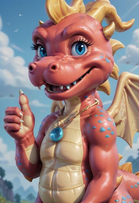 score_9, score_8_up, score_7_up, score_6_up, score_5_up, score_4_up, cassie \(dragon tales\), solo, wings, dragon, necklace, jewelry, female, no humans, looking at viewer, horns, blue eyes, outdoors, anthro, fangs, open mouth, colored skin, sky, day, scalie, blue sky, red skin, fangs out, standing, cloud, smile, thumbs up,
