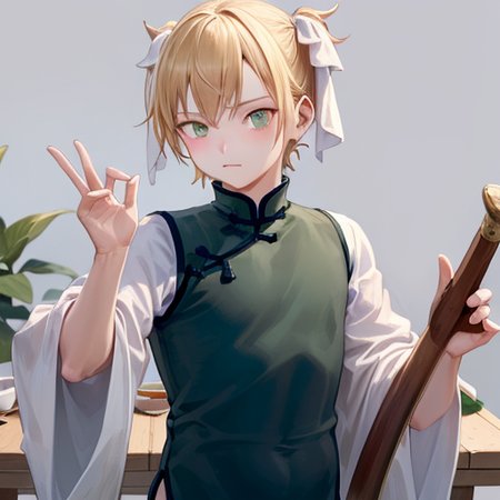 masterpiece, best quality, 1boy, blonde hair,  green eyes,  yaozhi\(china-cloth\), holding wooden sword,  <lora:yaozhi_anm_v15:0.8>,