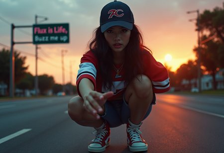 Japanese-Vietnamese Girl in oversized superbowl t-shirt, baseball cap and high sneakers. Looking at the viewer, partially parted lips, challenging pose, queen of the hill.
Dusk, long shadows, suburban american background in the '90. 
A road sign on the street is clearly visible, readable as she show it to the viewer. The sign says "Flux is life, buzz me up".
Intensely staring at the viewer.
Life-like details. Cinematic. Dramatic. Dynamic. Extremely refined lines and and shapes. Extremely refined details on objects. Sharp details. Wide range of colors. Many details everywhere. Ray-Tracing. Anti-Aliasing. Realistic soft shadows. Low saturation colors. Insane quality. Insane resolution. Insane details. Masterpiece. 32k resolution. Everything brought to the absolute extreme for a dramatic effect. Composition wallpaper-like, optimized for 16:9 vision, subject centered far from edges.