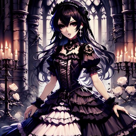 score_9, score_8_up, score_7_up, score_6_up, score_5_up, score_4_up,
gothicstyle, 1girl, solo, dress, long hair, jewelry, earrings, gothic , looking at viewer, short sleeves, candle, black dress, black hair, cross, flower, bangs, black flower, frills, parted lips, black rose, rose, brown eyes, hairband, hair between eyes, hairband, hair ornament, puffy sleeves, puffy short sleeves, gothic, frilled dress
 <lora:GothicStyle_Pony:0.8>