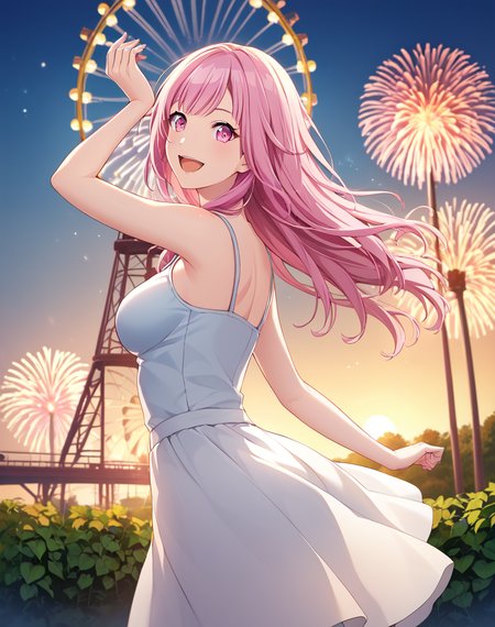 otori_emu, pink hair, long hair, pink eyes, sundress, medium breasts ,official art, medium breasts,  BREAK outside, fireworks, luna park,ferris wheel, detailed background, asymmetrical background BREAK looking at viewer, sexy face, sexy smile, open mouth, cowboy shot, dynamic pose, from behind, looking back BREAK score_9, score_8_up, score_7_up, source_anime ,zPDXL, perfect hand,<lora:Otori_Emu:0.8>