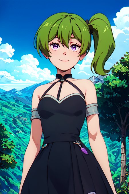 score_9, score_8_up, score_8, medium breasts, (curvy), cute, eyelashes,       BREAK, , <lora:UbelSousounofrieren:0.8>, zzUbel, medium hair, hair between eyes, green hair, side ponytail, purple eyes, black dress, , BREAK, looking at viewer, smile, outdoors, sky, day, cloud, tree, blue sky, mountain, cowboy shot, ,,, embedding:zPDXL, Expressiveh, <lora:Alola_Style_PDXL:1.0>,  <lora:CatalystStylePDXL:0.8>,  <lora:Expressive_H-000001:0.4>,