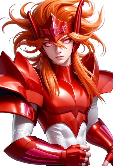 score_9, score_8_up, score_7_up, FMW1, painterly, vibrant details, (gradient eyes:1.4), 1boy, male focus, slender figure, benetmime, long wavy orange hair, slender figure, red circlet, pink eyes, red armor, red pauldrons, white sleeves, red vambraces, red fingerless gloves, upper body, stoic, portrait