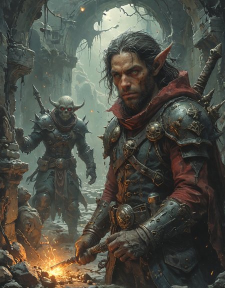 Dark Fantasy Art, (black ops mage with silenced spellcaster:1.2), catching enemy blade barehanded with augmented grip, reactive liquid armor with nanite repair nodes, blackhole_cascade, Black hole observatory frozen mid-spaghettification,  dust devils spinning gem shards, seasons experienced via scent palettes,Singularity-induced time dilation midday, Canopies of ivy that crystallizes air moisture,
<lora:tbh297-sdxl:0.4>,
<lora:tbh189-sdxl:0.2> style of Hieronymus Bosch,
<lora:tbh258-sdxl:0.15> Diablo,
<lora:tbh235-sdxl:0.3> style of Richard Corben,
<lora:add-detail-xl:0.7>,
<lora:extremely_detailed:0.7> extremely detailed,
<lora:Flux-XL_Scenery:0.15> flux-scenery,
<lora:Flux-style-xl-lora:0.15> flux-style
<lora:1dkXLP:0.15> 1dk,
<lora:PainterlyFantasiaFlux:0.15> Digital painting style,
8K resolution, ultra-detailed cinematic composition, contemporary concept art style, volumetric magical atmosphere with ethereal glow, rich complementary color palette, vivid gradients and chiaroscuro contrast, dynamic perspective with layered depth of field, inspiring awe-inspiring mood, Unreal Engine 5 render quality, intricate textures, flawless anatomy, rule of thirds composition, luminous highlights, surreal ambiance, award-winning illustration, harmonious balance of light and shadow, photorealistic details, ArtStation trending, chromatic accents, nostalgic futurism, dreamlike serenity, bold creativity, professional finish, sharp focus, ambient background, fascinating dynamic motion,, dark, moody, dark fantasy style, Magic realism painting art style, surreal compositions, vibrant colors, blurs the line between reality and fantasy, Baroque art style, dynamic composition, dramatic lighting, rich colors, intricate details, professional-grade execution, captures the grandeur and theatricality of the Baroque period
