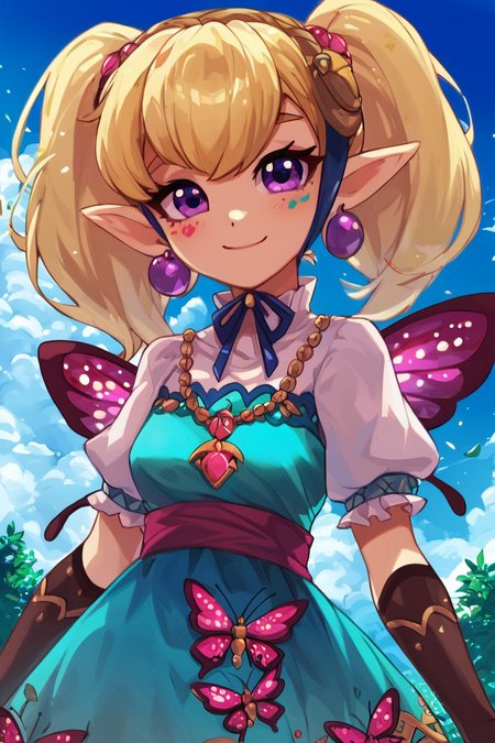 score_9, score_8_up, score_8, medium breasts, (curvy), cute, eyelashes,       BREAK, , <lora:Agitha_Zelda_PDXL:0.8>,  zzAgitha, purple eyes, blonde hair, twintails, pointy ears, jewelry, earrings, gloves, dress, butterfly wings, , BREAK, smile, looking at viewer, cowboy shot, outdoors, sky, day, cloud, tree, blue sky, sunny,  Expressiveh, <lora:Alola_Style_PDXL:0.8>,  <lora:Expressive_H-000001:0.4>,