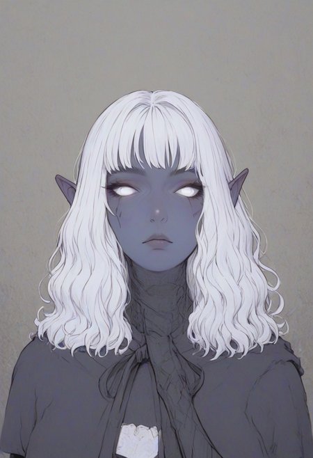(score_9, score_8_up, score_7_up), source_anime, anime, female, elf, (dark blue skin), drowsinue, grey corset, grey cape, white shirt, black right arm, armor, white hair, wavy hair, medium hair, white eyes, masterpiece, best quality <lora:Floox_Style:1> detailed eyes, detailed hair, povcheekgrabbing, solo focus, hand on another's face, white hand on face, pale hand.