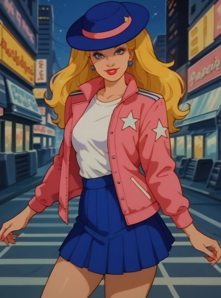 score_9, score_8_up, score_8, hud_barbir0ck, retro artstyle,  <lora:barbirock-000009:0.8>, long hair, looking at viewer, smile, blue eyes, blonde hair, jacket, shirt, skirt, hat, makeup, lipstick