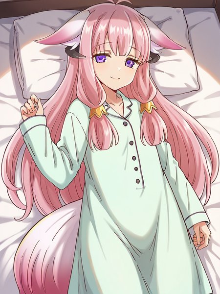 score_9, score_8_up, score_7_up,  
1girl, hina rf, long hair, pink hair, purple eyes, low-tied sidelocks, horns, fox ears, fox tail, 

pajama dress, long sleeves, lying, on back, on bed, narrowed eyes, tired, looking at viewer, smile, closed mouth,