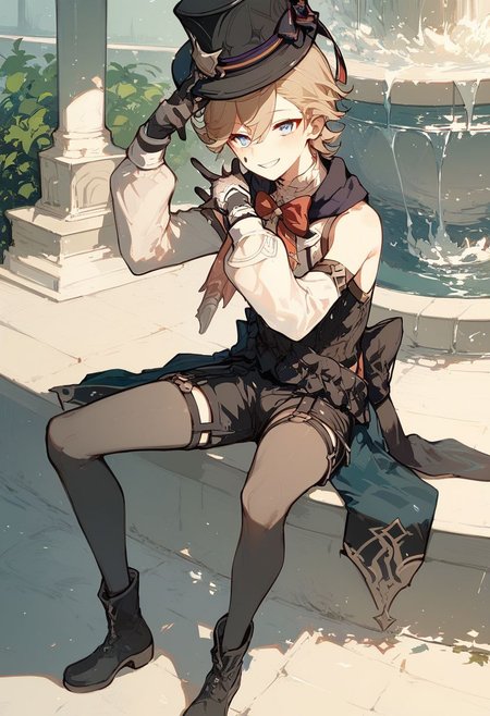 score_9, score_8_up, score_8, anime style, score_9, score_8_up, score_8, anime style, source_anime, otoko no ko, trap, androgynous, solo, 1boy, lyney_\(genshin_impact\), male_focus, teardrop_facial_mark, black_gloves, black_headwear, detached_sleeves, white_shirt, top_hat, top_hat, fantasy city, fountain, smile, full body, Expressiveh