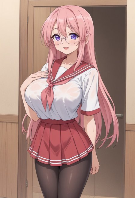indoor, midnight, Health room, 
8k, super high vision:, intricate details, Super high quality, Super high resolution, masterpiece, full color, 
anime art, animation, 
beautiful breasts, huge breasts, 
super cute girl, super cute face, narrow waist, 
sweat, shiny skin, wet hair, wet body, droplet, 
looking at you sexually, sexually excited state, heterosexual, gonzo, 
smug, open your mouth, sigh, long breath, blush, bitch, 
standing, 
sailor collar, uniform, red skirt, pink neckerchief, mini skirt, black pantyhose, 
tiny hips, hips, thigh, 
miyuki takara, long hair, purple eyes, pink hair, glasses, cowboy shot, cowboy shot, cowboy shot,