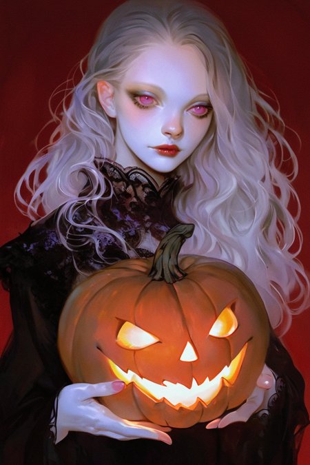 score_9, score_8_up, score_7_up, cotbypetra, realistic, film grain, 1girl, solo, long hair, grey hair, purple eyes, lipstick, eyelashes, makeup, pale skin, black dress, lace, holding, pumpkin, jack-o'-lantern, looking at viewer, portrait, upper body, simple background, red background <lora:Cult of Tales by Petra Voice - Style [LoRA] - Pony V6 XL:0.85>