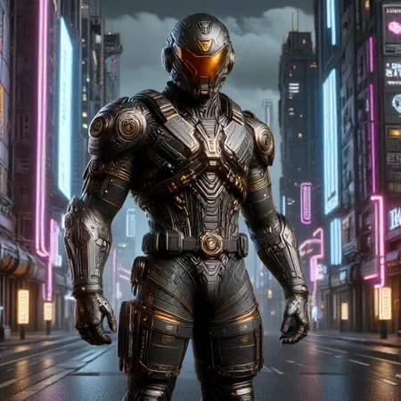 man in mad-bdyarmr patrolling a cyberpunk road at night, afrofuturism <lora:Neon_Cyberpunk_Bodyarmor_SDXL:0.8> fullbody view,  <lora:dvr-frft:0.7> dvr-frft style