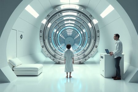 "Visualize the pristine, almost sterile white interior of the Heart of Gold spaceship's bridge. The iconic Infinite Improbability Drive, a vast, geometrically complex structure of polished chrome and softly glowing blue lights, dominates the center of the frame, perfectly symmetrical. Arthur Dent, in a slightly disheveled dressing gown, stands in the foreground, dwarfed by the sheer scale of the technology, his expression a mixture of bewilderment and mild terror. Ford Prefect, looking nonchalant in a slightly too-loud shirt, leans against a sleek, minimalist console, observing Arthur with a detached amusement. The lighting is cold and even, reminiscent of a brightly lit laboratory, with long, sharp shadows cast by the stark white walls and the Drive's intricate components. Focus on the vastness of the space and the feeling of being utterly out of one's depth in the face of advanced, incomprehensible technology. 8k resolution, hyperrealistic rendering, symmetrical composition, cold lighting, minimalist design, Kubrickian sci-fi aesthetic."  <lora:cinematic film IMAX70mm Filmstrip style v1:0.8> cinematic film style, IMAX70mm , filmstrip borderâââ