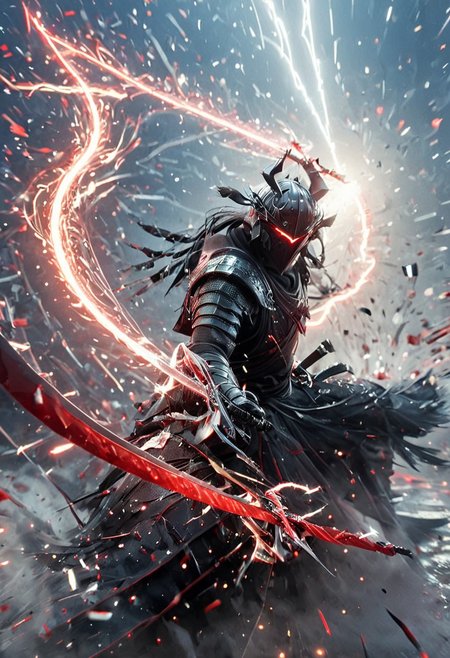 1man, armored samurai in black samurai armor, wearing samurai helmet and armor, Incoming sword, broken glass, brave perspective, reflection, glowing lightning slash, red katana, red lightning, shatter, holding sword, glowing sword, motion blur, emphasis line, outdoor in the darkness, looking at viewer,