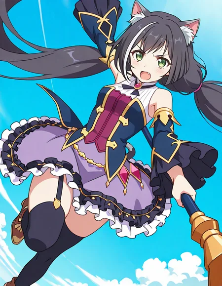 (karyl (priconne),streaked hair,multicolored hair,black hair,white hair,very long hair,low twintails,bangs,purple bow,green eyes,fang,cat girl,animal ear fluff,cat ears,cat tail,sleeveless shirt,long wide frilled detached sleeves,bare shoulder,purple frilled skirt,black thighhighs,holding staff,serious,,1girl),sky,cloud,day,
(dynamic pose,dynamic angle,foreshortening,pov,close to viewer:2),
looking at viewer,
medium breasts,
perky breasts,realistic proportions,natural looking breasts,explicit,hair between eyes,strong outlines,clean lineart,harsh lines,slim,curvy,(narrow waist:0.1), wide hips,thick thighs,detailed body,skindentation,matte skin,smooth skin,deep skin,soft brightness,detailed mouth,kawaii,moe face,
(anime screencap),(anime coloring:1.2),anime style, Japanese anime, cel-shading, clean lineart, vibrant colors, sharp facial features, 2D illustration, anime screencap style,anime background scenery,detailed linework,intricate details,(masterpiece,best quality,amazing quality),IllusP0s,(very aesthetic,absurdres:1.2),16k,highres,perfect hands,five fingers,detailed hands,
 <lora:ããªã³ã»ã¹ã³ãã¯ãReDiveã­ã£ã«illustriousPrincess_Connect_ReDivekarylillustrious:1:0.8>