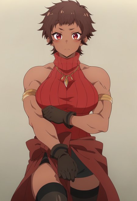 <lora:Blossom:0.9>  blossom, short hair, brown hair, dark-skinned female, 1girl, red eyes, solo, large breasts, muscular female,  necklace, black gloves, jewelry, sleeveless,  bare shoulders,  blush,armlet,  red sweater, black thighhighs, sleeveless turtleneck,  turtleneck sweater,   cowboy shot, looking at viewer, score_9, score_7_up,anime coloring ,source_anime, anime