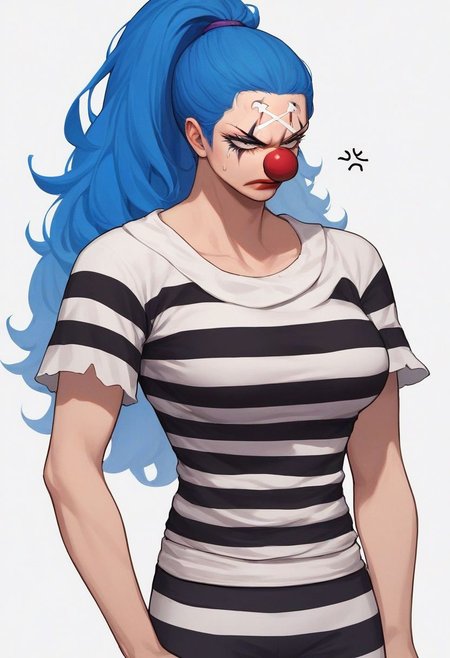 score_9, score_8_up, score_7_up, source_anime, solo, 1girl, genderswap, Buggy, blue hair, ponytail, clown nose, clown makeup, prisoner outfit, black and white striped shirt, striped pants, annoyed, arms down at sides, big breasts, woman, portrait, close up, standing, white background