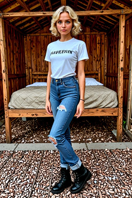 <lora:pytorch_lora_weights_361535:1>,<lora:Skin Color_alpha1.0_rank4_noxattn_250steps:0.7>,
A professional scenic photography of a 42 year old   Woman,solo,heterochromia eyes,(short Light blonde hair),straight hairs Curly Bangs,flat chest Perky breasts,flat_ass,kawaii,adorable,freckles,
a black oversized_t-shirt, high-waisted ripped_jeans, black knee-high_socks, black combat_boots, matching silver bracelet,
Rustic Cabin Bedroom with Log Bed Frame and Patchwork Quilts,, highly detailed skin with hairs,detailed skin,detailed face,detailed eyes,sharp focus,Masterpiece,best quality,realistic,HDR, 8K, masterpiece, best_quality, absurdres, ultra-detailed, highly_aesthetic, highly_detailed_eyes, depth_of_field, realistic_body