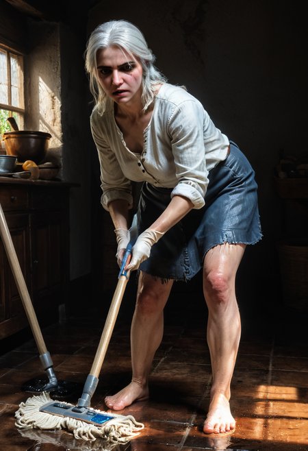 portrait woman ciri_w3, humility, evil, eyes, barefoot, cleaning in the house, (mop the floor:1.3), wet, 8k, F2.8, RAW Photo, ultra detailed, (light:1.3) and shadow, real life <lora:ciri_prodigy_21:0.5>  <lora:xl_more_art-full_v1:0.8>