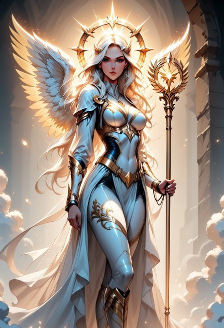 score_9, score_8_up, score_7_up, (Western Comics), a full body image of a sexy mechangel girl, caucasian, seductive, (glowing wings), solo, glowing armor, glowing halo, glowing mechanical 4 wings (hyperdetailed:1.15), detailed, light passing through hair, (ultra detailed, high quality texture), (sharp), (artistic image), 32K, 4K, ULTRA HD, small waist, large breasts, tight white bodysuit with, crop: -5, (3/4 portrait), wide view, ((her whole head and hair is visible)), zoomed out, ((wings completely visible)), (wings uncropped), (from thighs and up), wings folded along her body, cowboy shot, angelify, (monochrome background), (nothing in background), plain background, Long white flowing hair, viking hairstyle, (wings fully visible), ((holding a glowing Magic Scepter upright with both her hands)), (her backside turned towards the viewer), Spell Casting,  Frost spell