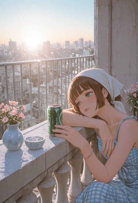 masterpiece, best quality, anime coloring, absurd, 
1girl, solo, brown hair, short hair, blunt bangs, emerald eyes, detailed eyes, freckles, pink lips, white headscarf,
sundress, gingham, blue dress, sleeveless, tied shoulder straps, bracelet, 
balcony, stone railing, white railing, flowers vase, soda can, hand on railing, head resting on arm, looking at can,
summer, sunlit, dreamy, cityscape, afternoon light, chill atmosphere, 
analog style, pastel colors, vintage, depth of field, faded color