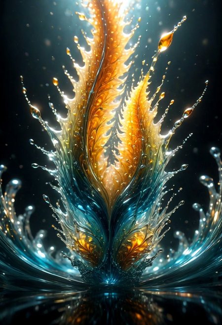 An abstract shape, amazingly fluid, made of glass, detailed, 3d fractals, light particles, water drops, shimmering light, surreal, ink, smooth, shimmering, glow, cinematice contrast, Glow, 
16k