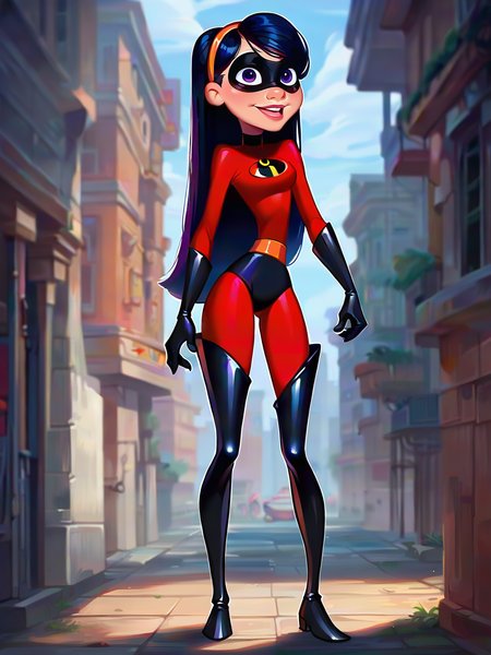 <lora:Violet Parr:0.4> vio_p, 1girl, slender body, fair skin, pink lips, bluish-purple eyes, long straight hair, black hair, supersuit, black eye mask, orange headband, red unitard,  orange belt, black gloves, black bottoms, thigh-high black boots,
 <lora:WesternCartoonClassicDisney100:0.9> woman, score_9, score_8_up, score_7_up,
