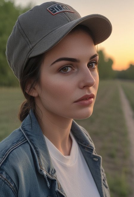30yo american woman in a wheat field
Small eyes. Brown eyes.
Wearing ripped Denim jacket red hat
no makeup. Clear skin.  realistic skin style
Long dark black slick back hair. No makeup. Dusk, Street light. Looking at camera POV. Slight smile, tilting head.. Tilt head. Hands in head, face, lips.
Medium Close Up shot. Bokeh. Bokeh light.