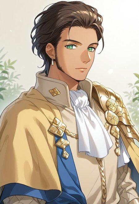 masterpiece,best quality,amazing quality, source_anime,
ClaudeVonRiegan, 1boy, male focus, solo, green eyes, brown hair, dark-skinned male, jewelry, earrings, aged up, facial hair, ascot, white ascot, single shoulder armor, cape, yellow cape, jacket, brown jacket, portrait