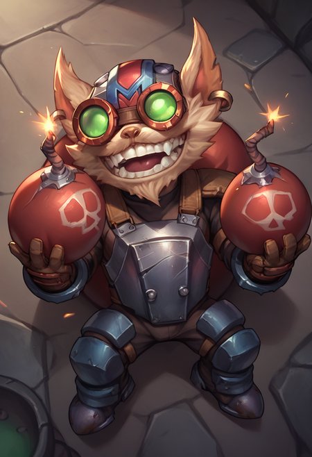 ,score_9, score_8_up, score_7_up, score_6_up,z1ggs, 1boy, male focus, yordle,armor, goggles, helmet, gloves, brown gloves,  <lora:Ziggs_Default_v1:0.9>, from above, holding bomb, bomb, grenade