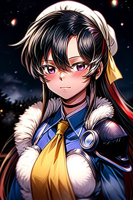best quality 1girl Setsun4 solo long hair,  (night time) forest background black hair very long hair purple eyes multicolored hair armor, small, (fur trim) (medium body),<lora:EMS-179-EMS:0.800000>,<lora:EMS-293862-EMS:0.800000> bow, hair_bow, hair_tubes, red_bow, brown_hair, long_hair, bangs, ascot, frilled_bow, yellow_ascot, blush, smile, hair_between_eyes, athletic, armor, miko, strengthmda,  Smiling, happy, M43 field cap