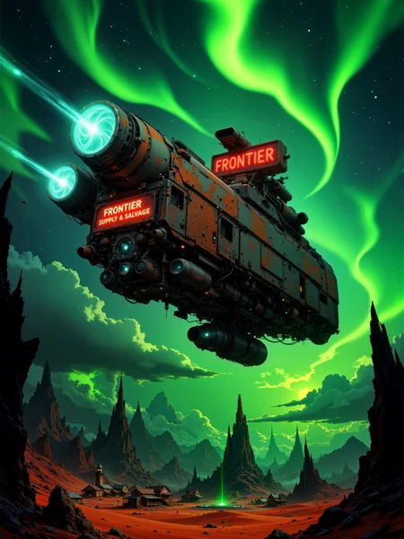 famous artwork, photo-realistic, hyper-realistic, detailed photo-realistic background, highly aesthetic, in a science fiction dieselpunk style, dramatic lighting, at night, stars, galactic nebula in the sky, dappled lighting, dark corners, intricate, a colossal flying vehicle soaring over an alien planet, it has massive engines, the powerful engine turbines at its sides are leaving vibrant cyan engine trails behind the vehicle. the bizarre craft is a rugged, heavily modified trader vessel with a design reminiscent of a gigantic starship, it is meticulously painted with intricate mechanical details like weathered armor plating and a weapon turret, its side features a glowing red neon sign with the text: "Frontier Supply & Salvage," the vehicle appears to originate from a floating little village, hovering over the planet in the distance, the awe-inspiring alien landscape below is a surreal and supernatural land of rolling crimson dunes, interspersed with black rock spires, under a sky filled with swirling clouds and beautiful auroras, the sky is a breathtaking mix of sea green, vanilla yellow and streaks of electric blue, swirling clouds casting dramatic, high-contrast shadows across the scene, rembrandt lighting enhances the depth and mood, creating an intense and cinematic composition, the perspective is dynamic, with the angle slightly tilted to emphasize the sheer scale of the vessel and its imposing presence in the alien sky, masterfully painted textures bring the entire vision to life, every brushstroke contributing to a sense of wonder, adventure, and untamed frontier spirit, as if the viewer has stumbled upon a snapshot of an epic spacefaring saga, light beige and jet black and lemon yellow and aquamarine blue and lime green and wine red and indigo purple, ovg, aidmatextimprover, <lora:hla-happy_little_accident-v1_creative-image_enhancer-by_kftiger:0.6> <lora:text_improver-v0.4-flux-by_aidma:0.6> <lora:style-alejandro_burdisio-flux-by_adel_ai:0.8>